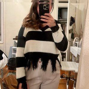 Striped V-neck Distressed Sweater